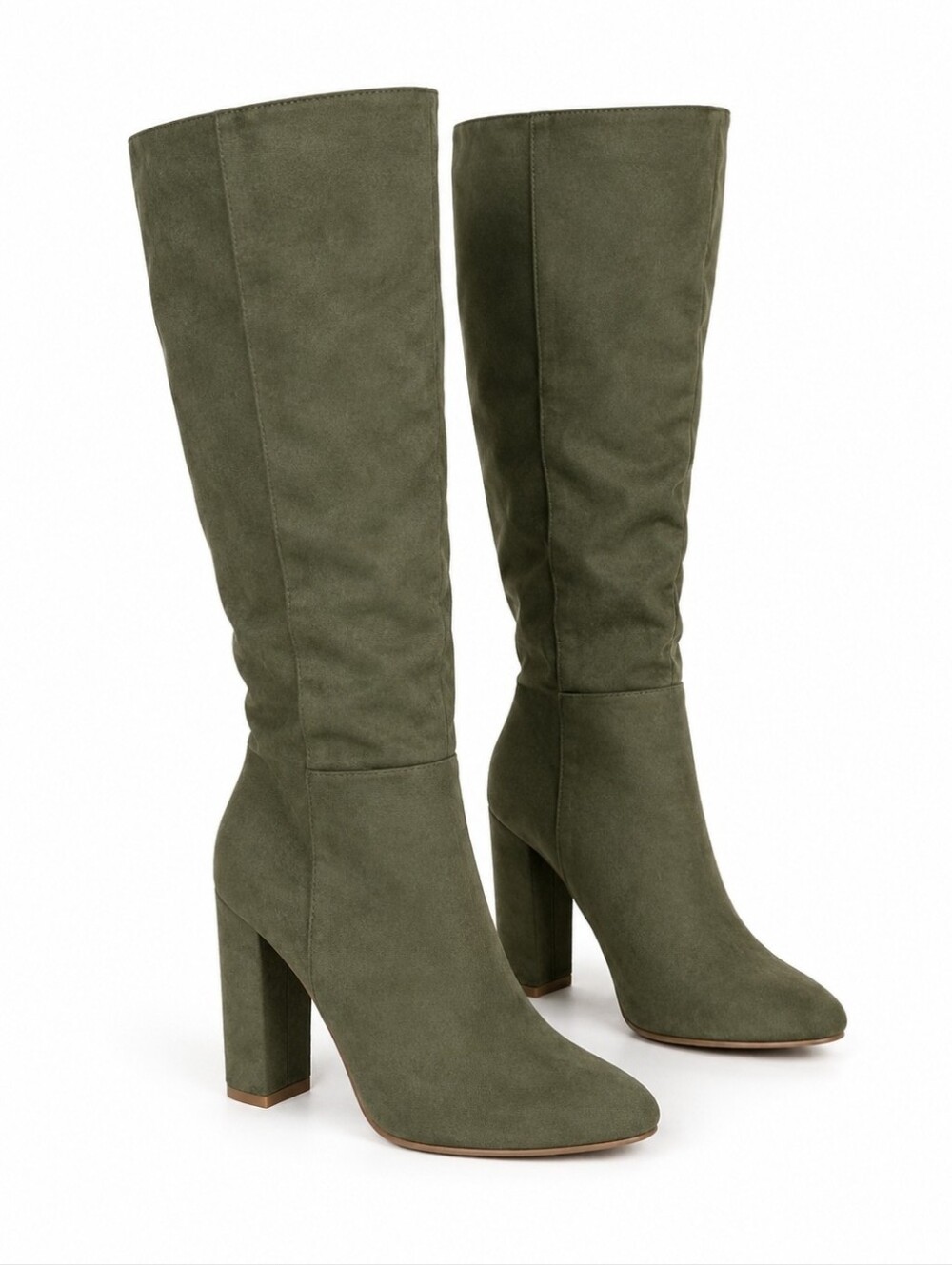 Olive Suede Knee-High Heeled Boots - Women